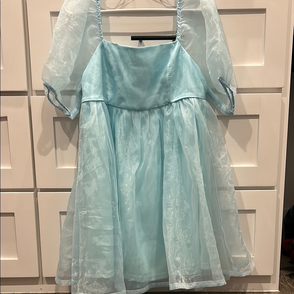 TCEC Sky Blue Sheer Mini Babydoll Puff Sleeve Dress